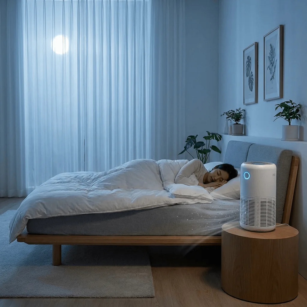 Dormitorio con purificador de aire funcionando de noche