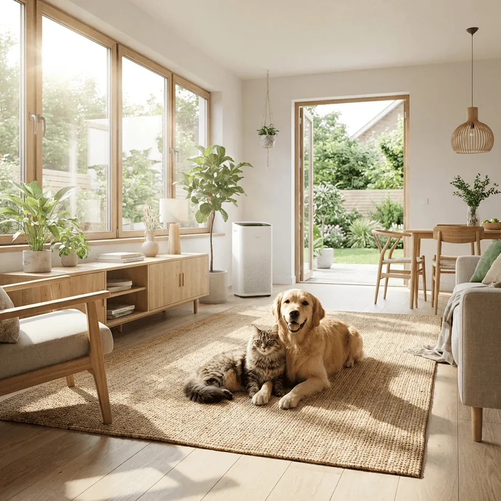 Perro y gato felices en salón con aire limpio
