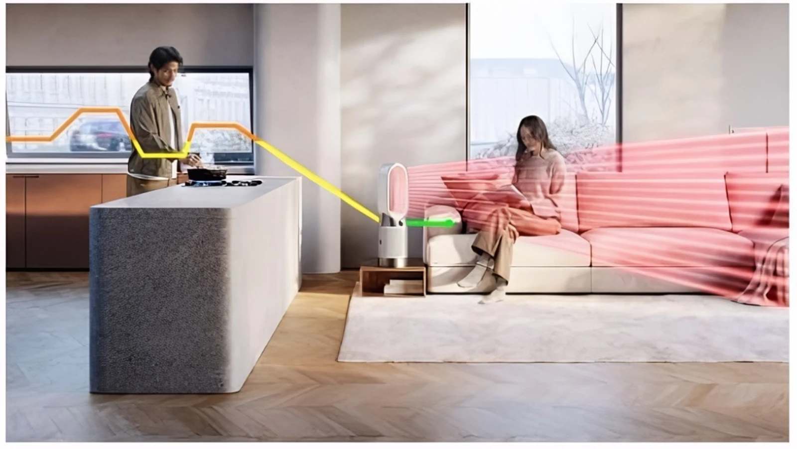 Dyson HP10 purificando y calentando el salón con tecnología Air Multiplier