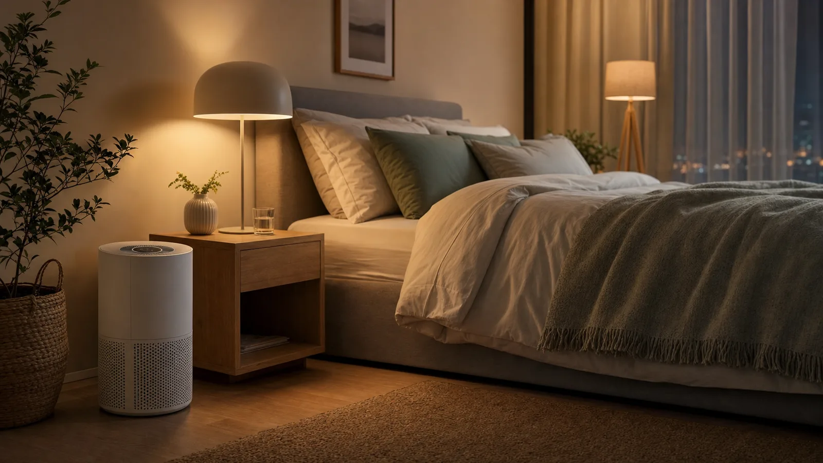 Purificador compacto junto a una cama en un dormitorio tranquilo